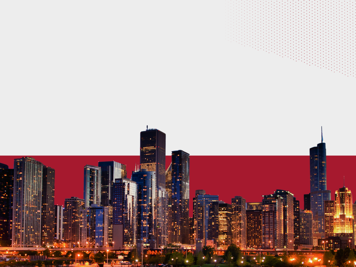 City skyline on gray and red background